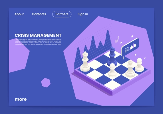 Crisis management isometric concept with web interface and chess desk vector illustration
