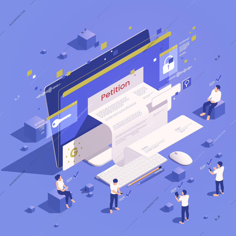 Digital government isometric concept with laptop and electronic petition form vector illustration