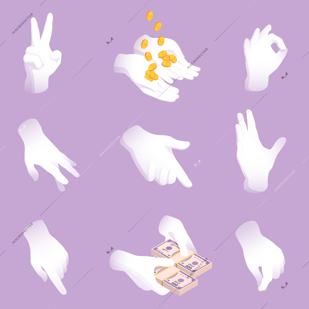 Hands holding money and making signs isometric icons set isolated vector illustration