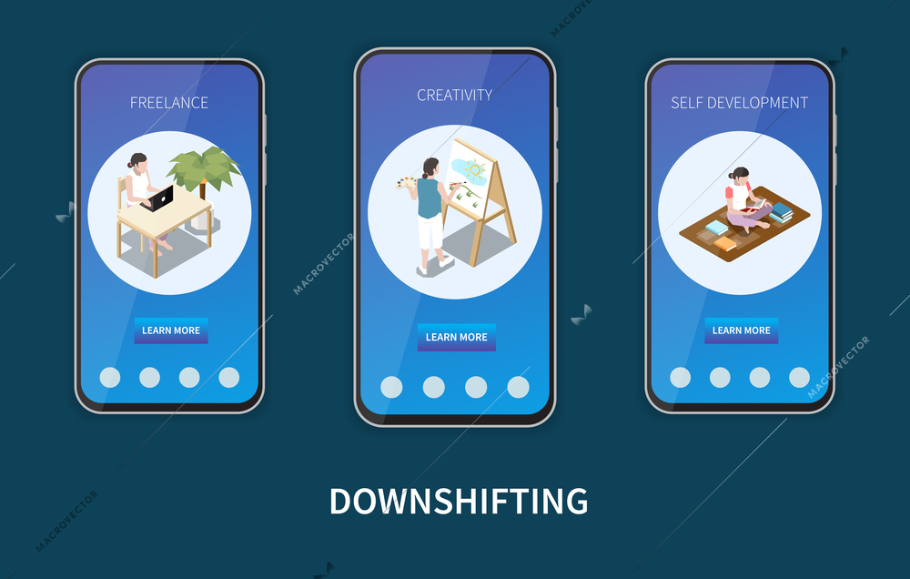 Downshifting isometric vertical mobile banners set with female downshifter freelancer working drawing developing herself 3d isolated vector illustration