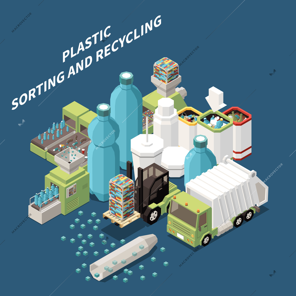 Plastic sorting and recycling composition with various products plant machinery garbage truck on dark background 3d vector illustration