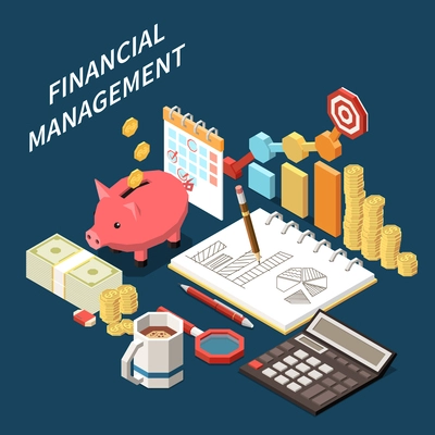 Financial management isometric composition with 3d budget planning and money symbols on dark background vector illustration