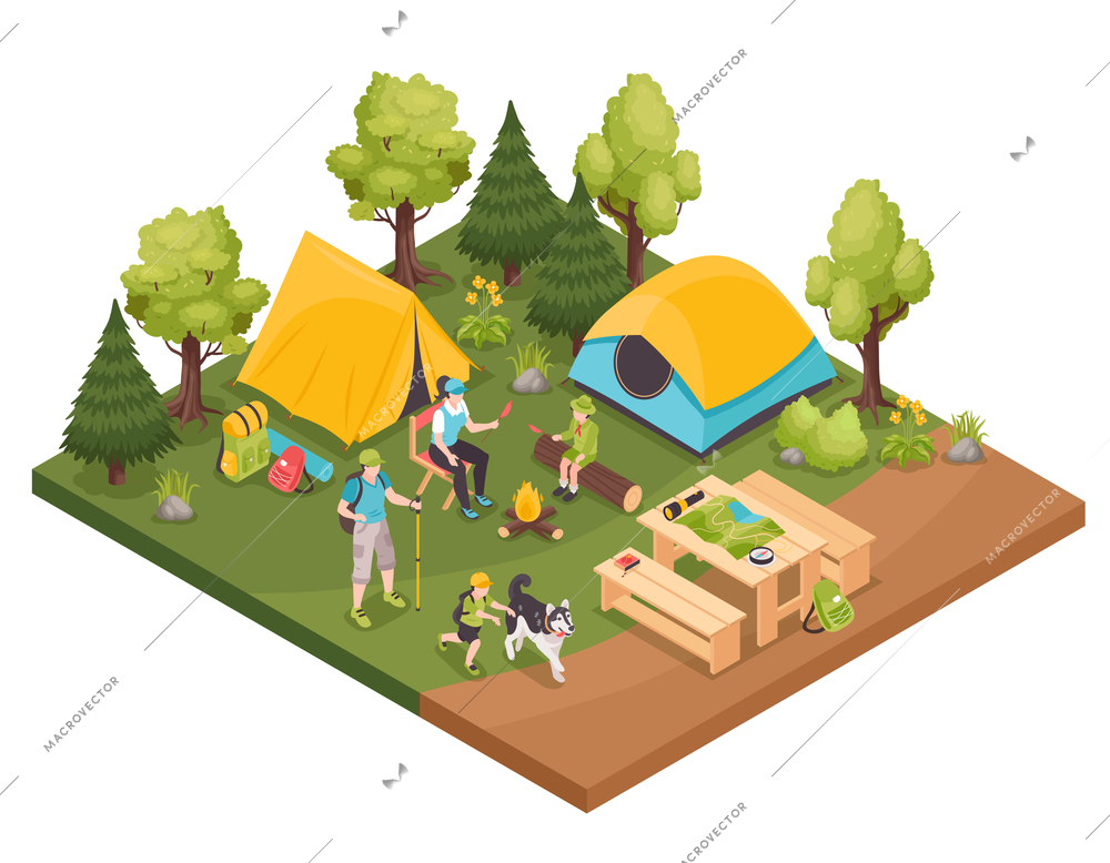 Isometric hiking camping composition with view of forest camp with two tents campfire and human characters vector illustration