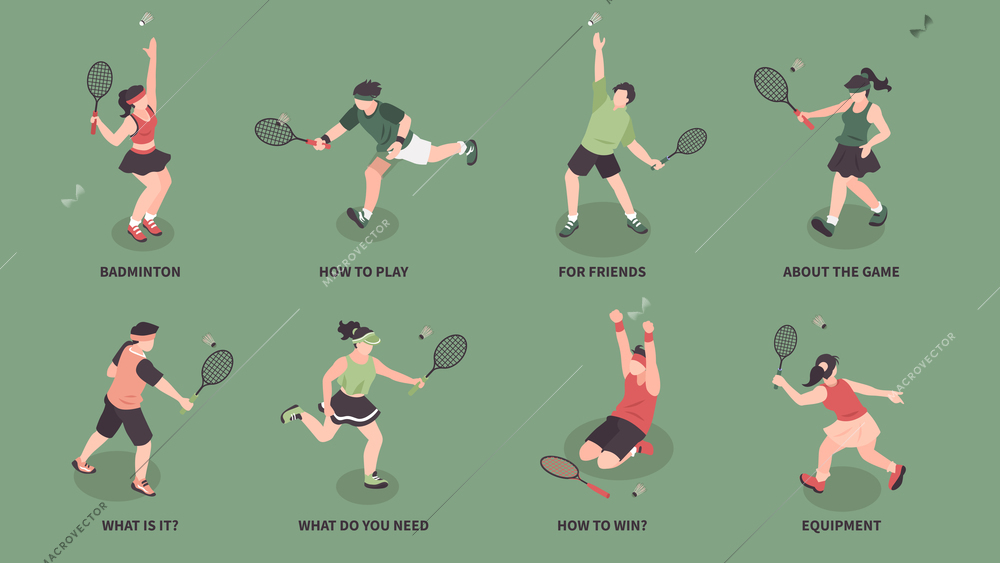 Isometric badminton set of isolated compositions with characters of players in sportswear holding rackets with text vector illustration