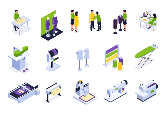 Set with isolated sewing factory color icons with isometric images of factory appliances with human characters vector illustration