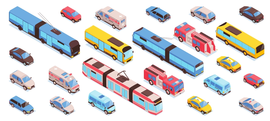 Isometric public city transport set with isolated images of trams buses and cars with fire truck vector illustration