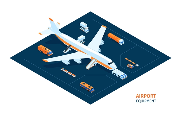 Isometric airport composition with editable text and view of airfield with tractor trucks and fuel loaders vector illustration