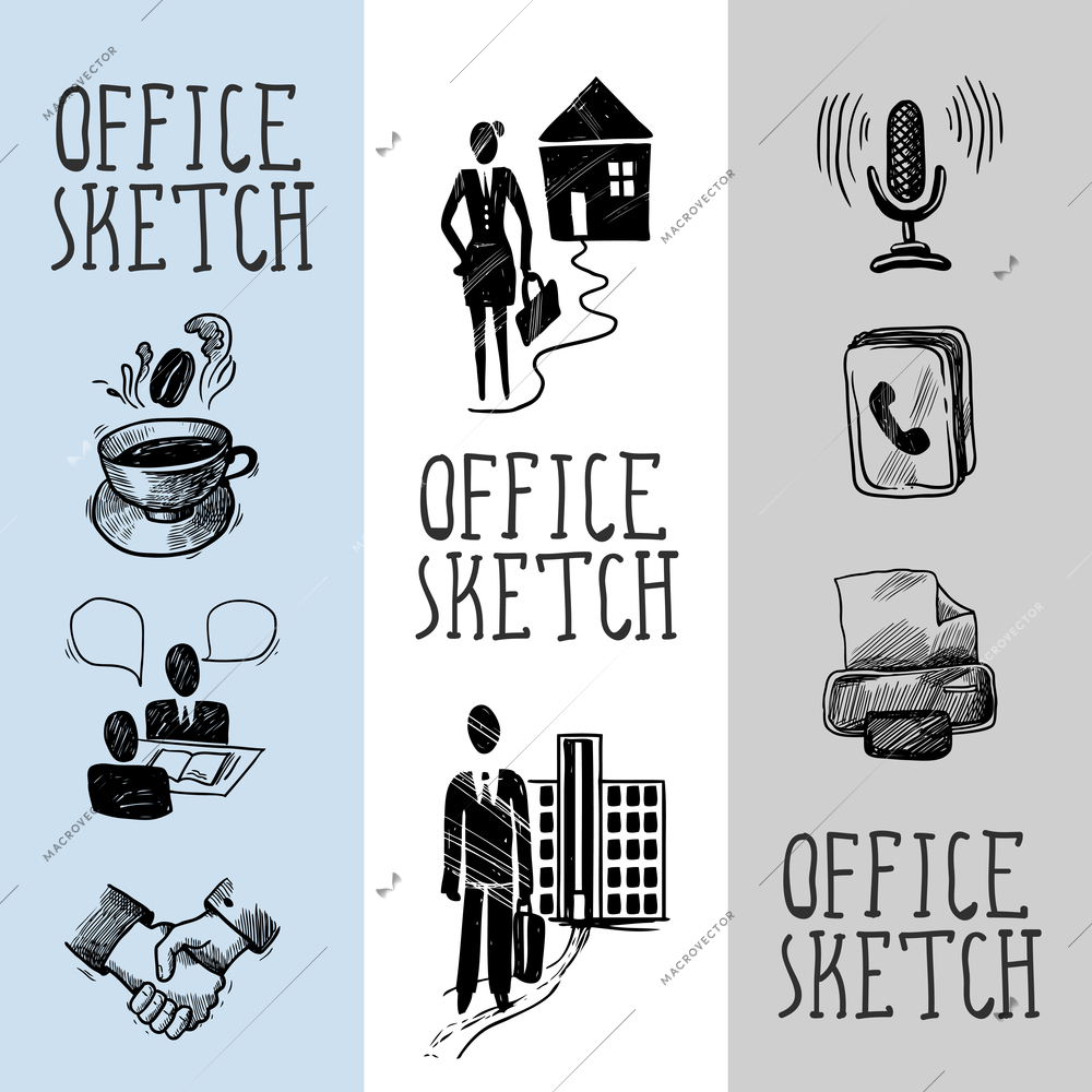 Office business sketch banner design set with coffee cup handshake fax isolated vector illustration