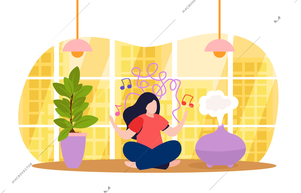 Mind behavior flat colored composition woman meditating in the lotus position with soothing music and an aroma lamp in a peaceful environment vector illustration