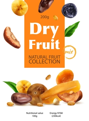 Dry fruit realistic illustration demonstrated natural collection of mixed dried fruits vector illustration