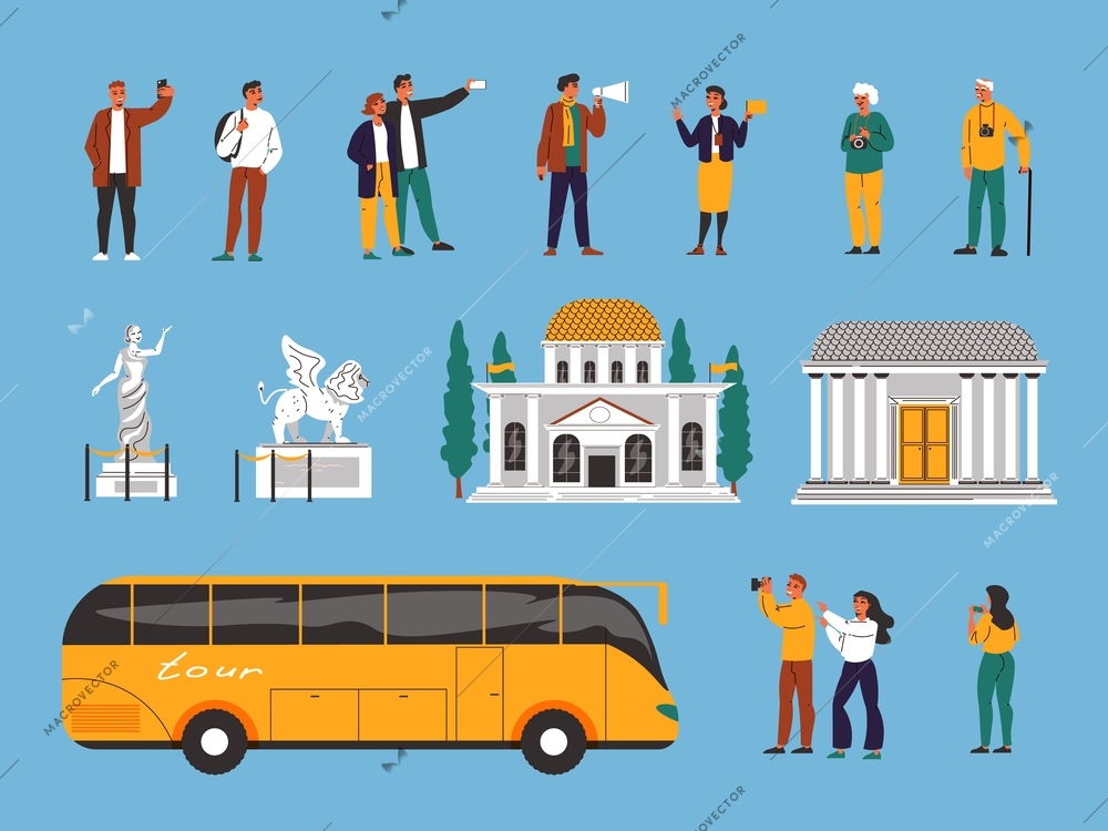 Excursion flat color set of tourists photographing sights and guides conducting tours isolated vector illustration