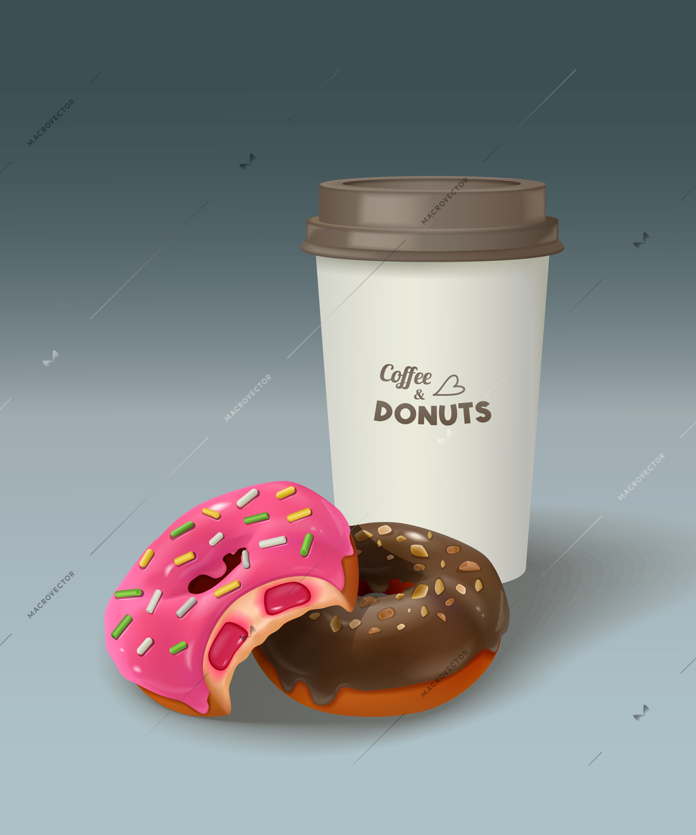 Fast food realistic composition with paper cup of coffee with lid and two donuts with chocolate and pink glaze vector illustration