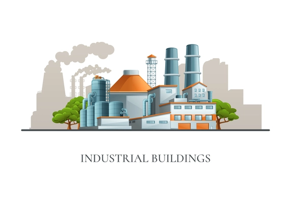 Industrial plant buildings flat poster at  smoking pipes and cooling tower steam silhouette background vector illustration
