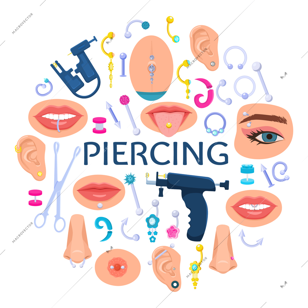 Piercing flat composition with isolated icons of pierced body parts with jewelry septum and professional tools vector illustration