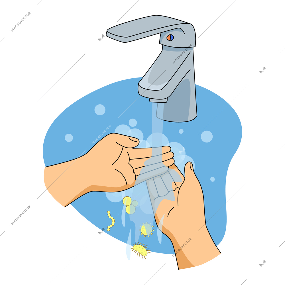 Washing hands viruses microbes composition with flat images of human hands under water spray with microorganisms vector illustration