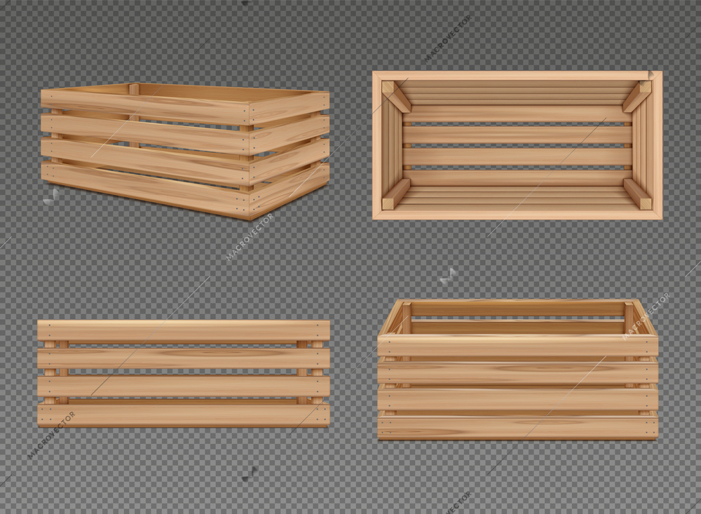 Wooden boxes realistic set of four isolated pallet storage images made from wood on transparent background vector illustration