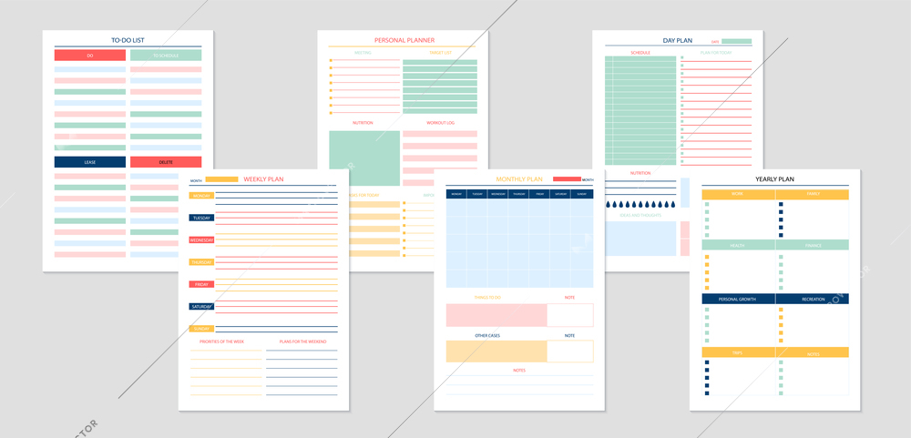 Realistic set of blank personal planner templates with yearly monthly weekly daily plans to do lists nutrition on grey background vector illustration