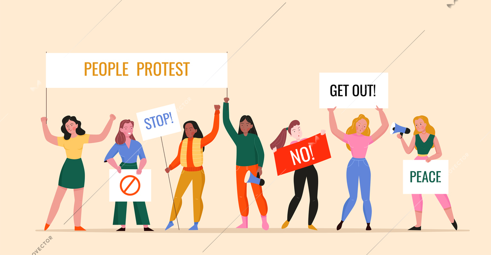 Protest mass event flat background with female protesters holding placards and megaphones vector illustration