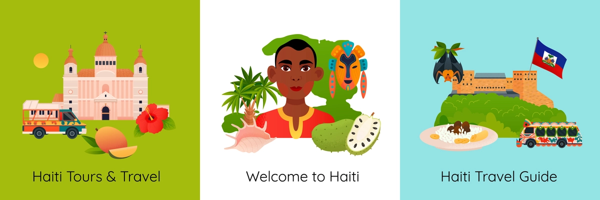 Flat haiti travel guide design concept with haitian people landmarks cuisine nature isolated vector illustration