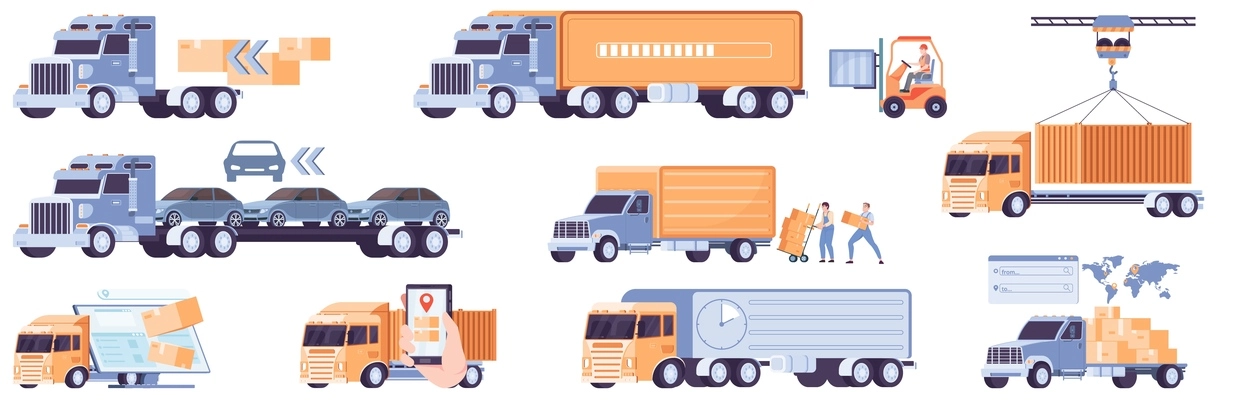 Truck cargo delivery set with location and destination symbols flat isolated vector illustration