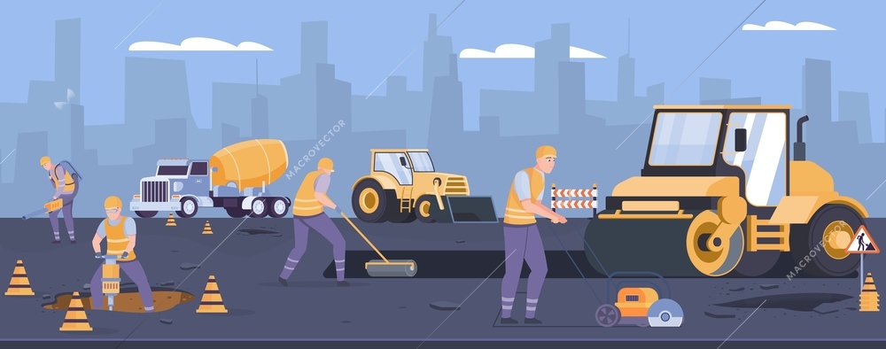 Road surface background with pavement repair technology symbols flat vector illustration