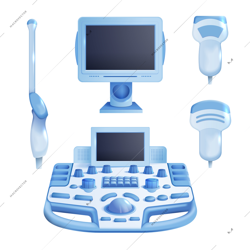 Ultrasound device realistic set with monitor control panel and different types of transducer isolated vector illustration