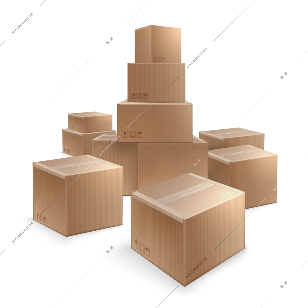 Pile of stacked sealed duct taped cardboard boxes for goods on white background realistic vector illustration