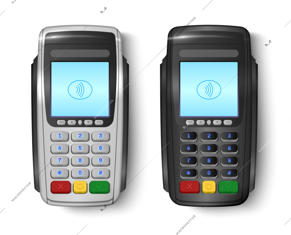 Two realistic devices for payments processing with wi fi function isolated on white background vector illustration