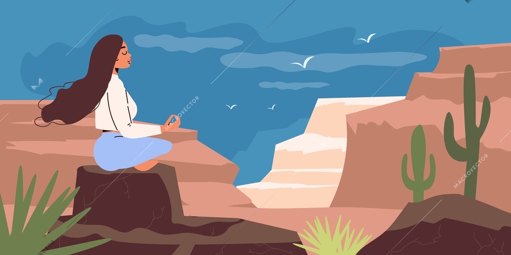 Mental health harmony flat background with young woman sitting on stone in meditating pose vector illustration