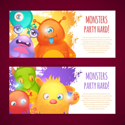 Cute cartoon monsters funny alien character party hard horizontal banners set isolated vector illustration