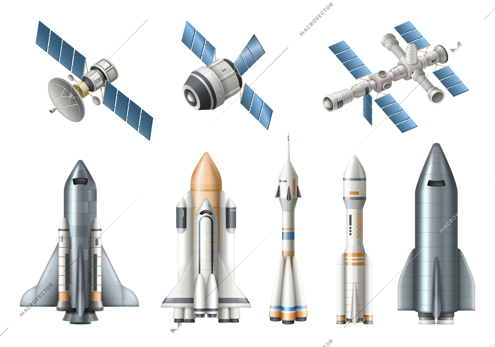 Spacecraft realistic set with isolated rocket satellite shuttle space station on white background vector illustration