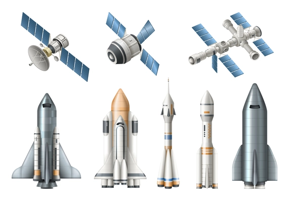 Spacecraft realistic set with isolated rocket satellite shuttle space station on white background vector illustration