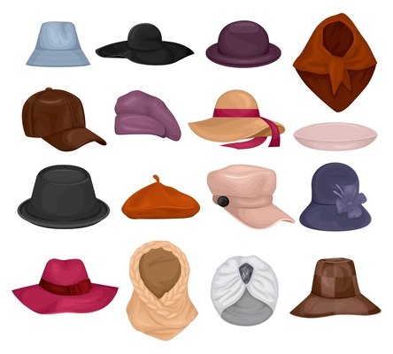 Hats headgear set with isolated icons of colorful fabric hats and clothe scarfs on blank background vector illustration