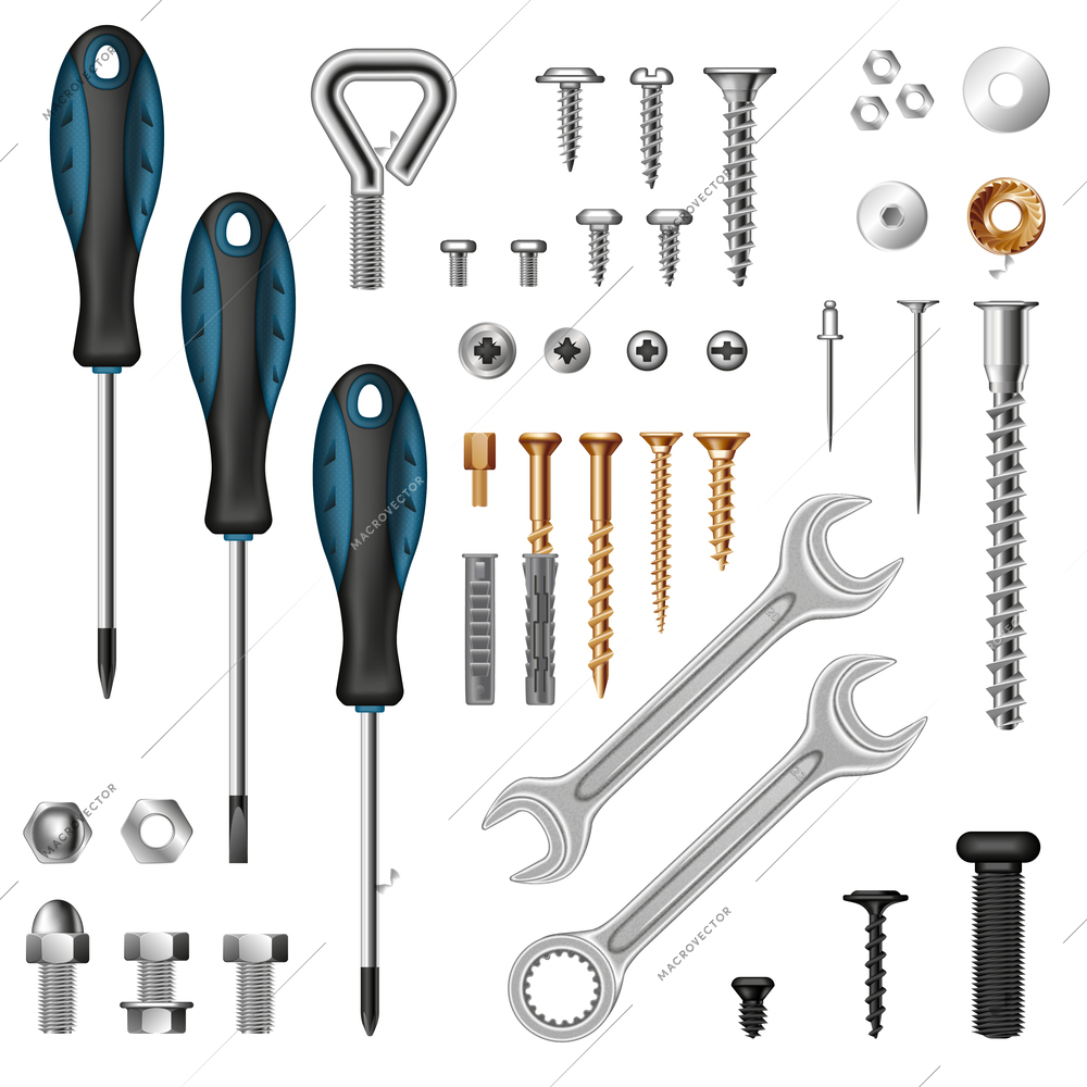 Screws bolts and different tools realistic set isolated vector illustration