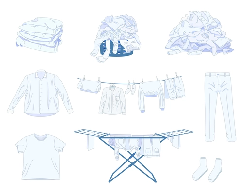 Set of isolated laundry clothes white flat compositions with piles of dirty and stacks of clean vector illustration