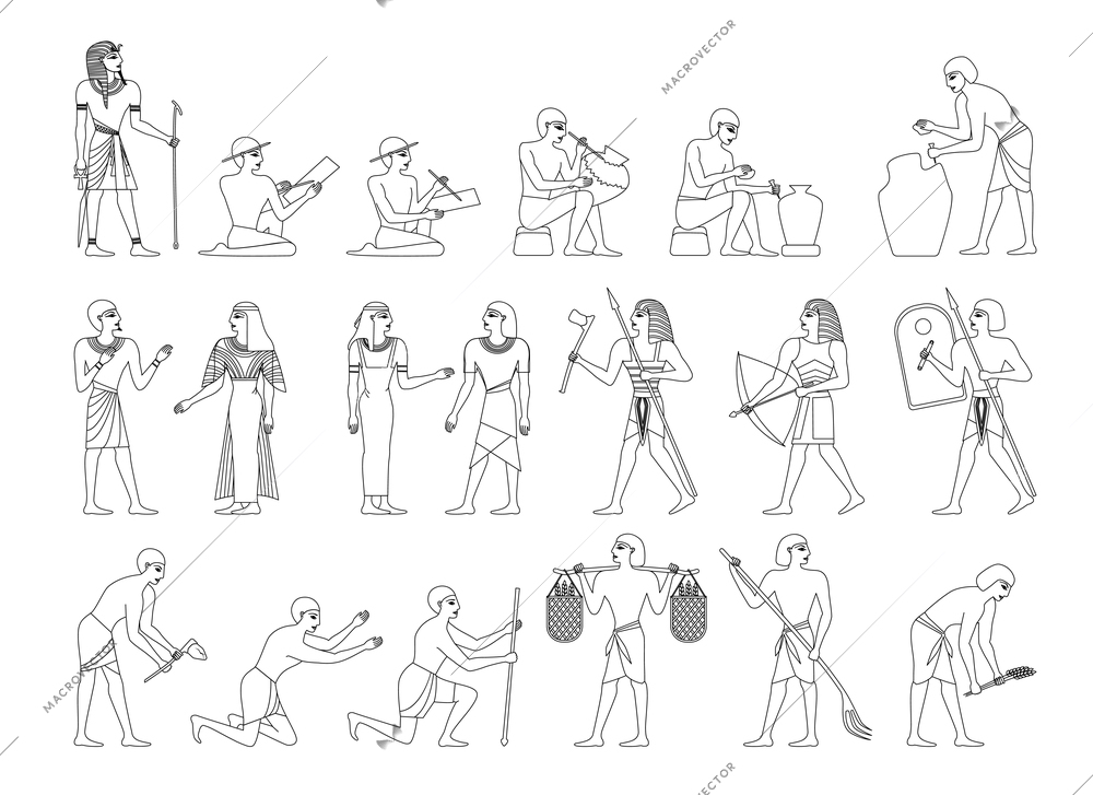 Ancient egypt society monochrome set with isolated icons wireframe human characters of egyptians on blank background vector illustration