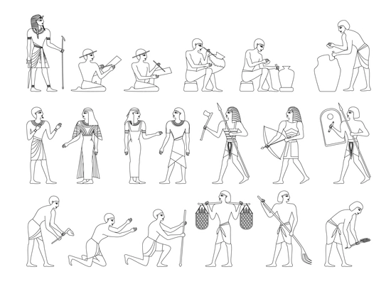 Ancient egypt society monochrome set with isolated icons wireframe human characters of egyptians on blank background vector illustration