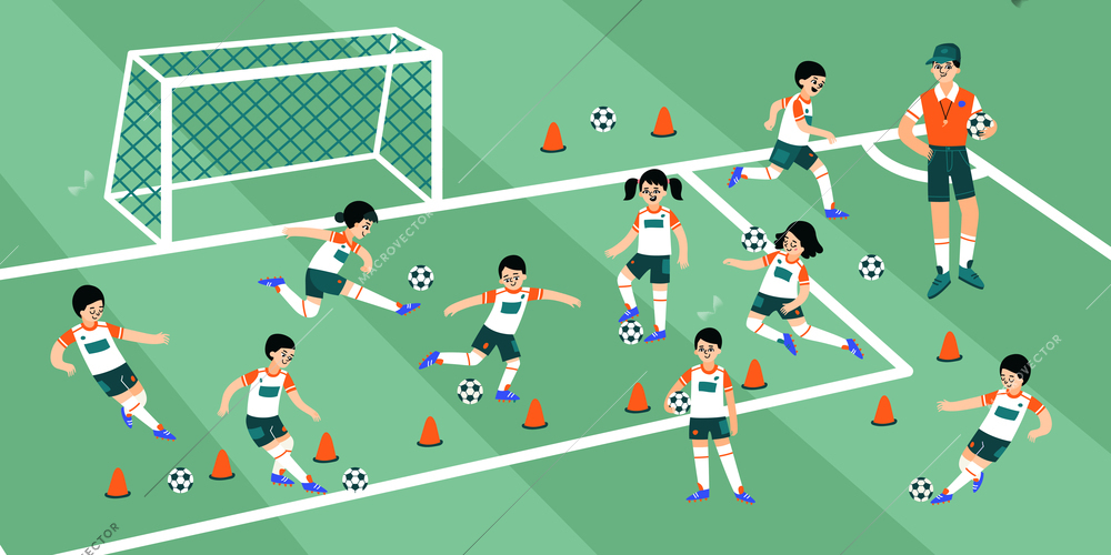 Football training composition children train with their coach on the soccer field vector illustration