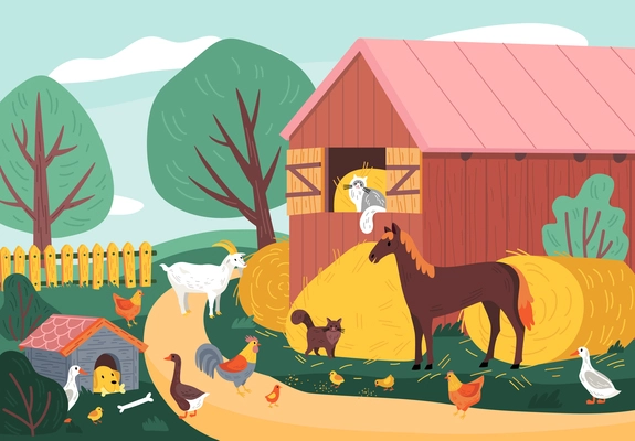 Farm animal colored composition dog in a kennel geese chickens horses and little chickens sit next to the barn and haystacks vector illustration