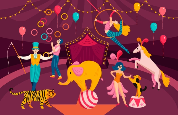 Circus colored composition circus magicians and trained animals perform together on the circus stage vector illustration