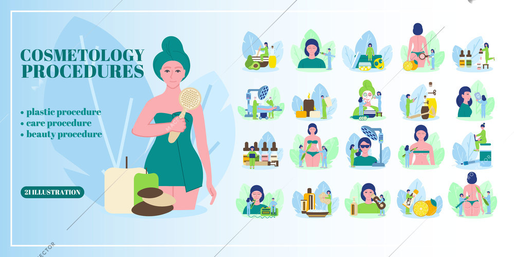 Set with isolated beauty procedure flat icons with female human characters professional tools applicators and text vector illustration