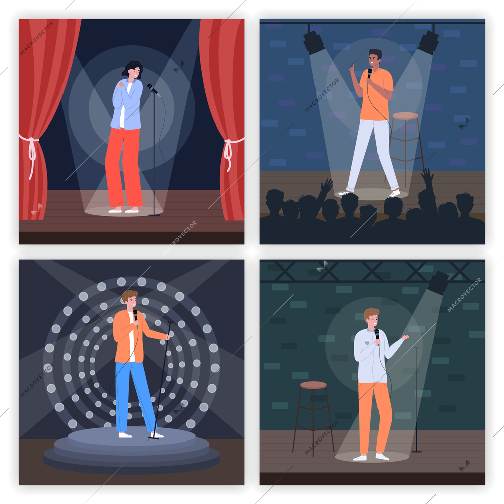 Stand up comedy show open microphone set with isolated square banners with views of performing comedians vector illustration