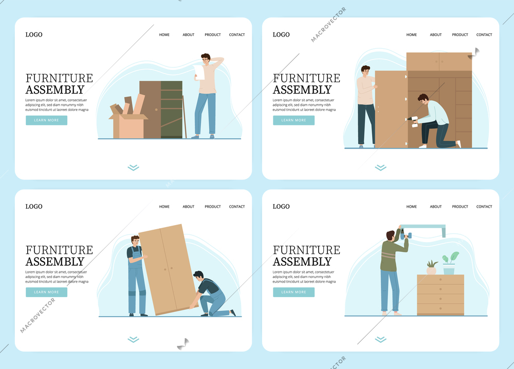 Furniture assembly flat cards for website with editable links  clickable buttons and doodle style human characters vector illustration