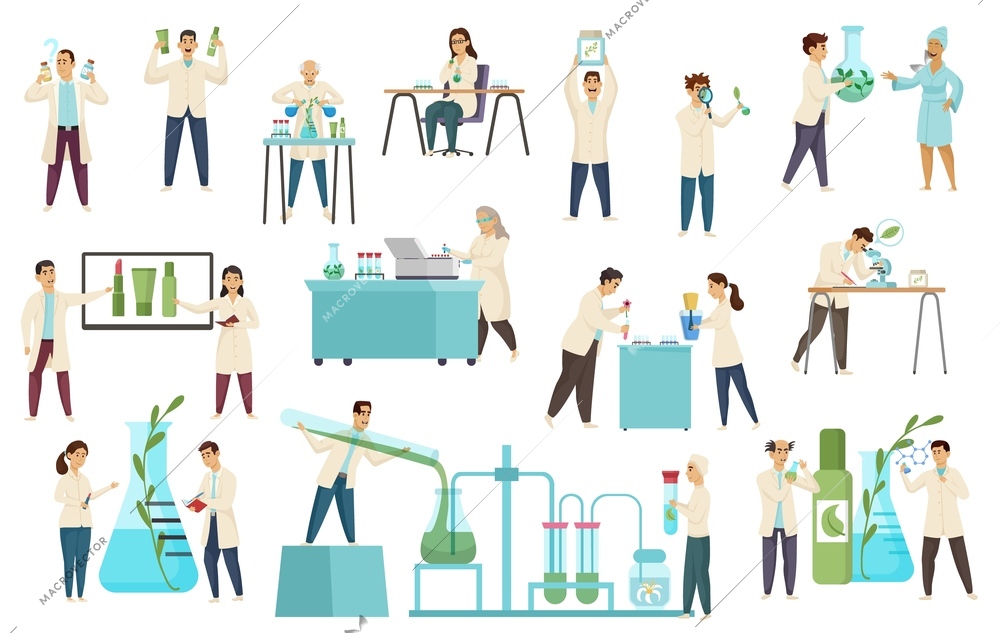 Cosmetic scientific laboratory set with flat isolated compositions of human characters and icons of lab equipment vector illustration