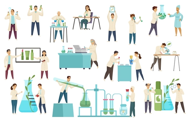 Cosmetic scientific laboratory set with flat isolated compositions of human characters and icons of lab equipment vector illustration