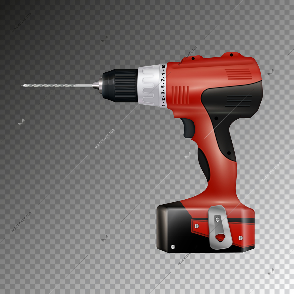 Drilling machine realistic composition with isolated image of red and black hand drill on transparent background vector illustration