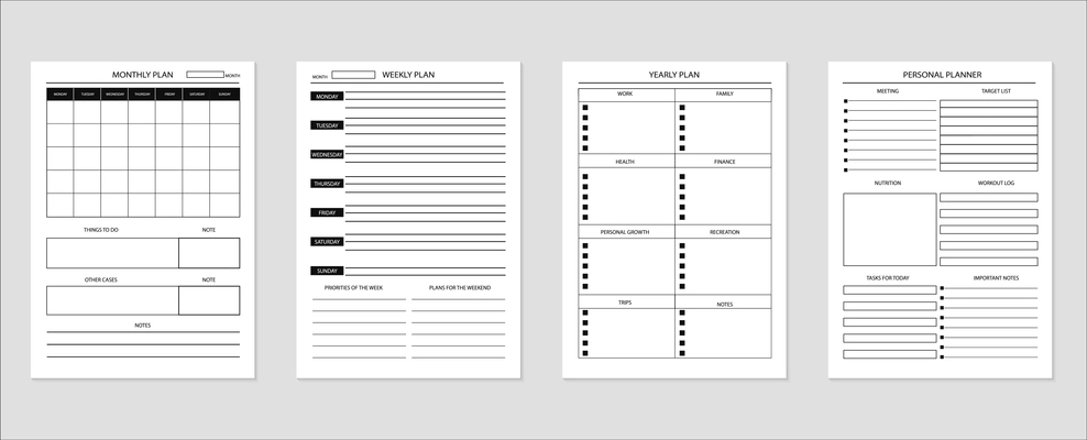 Realistic planner stickers set with four vertical paper forms with empty cells and fields for tasks vector illustration