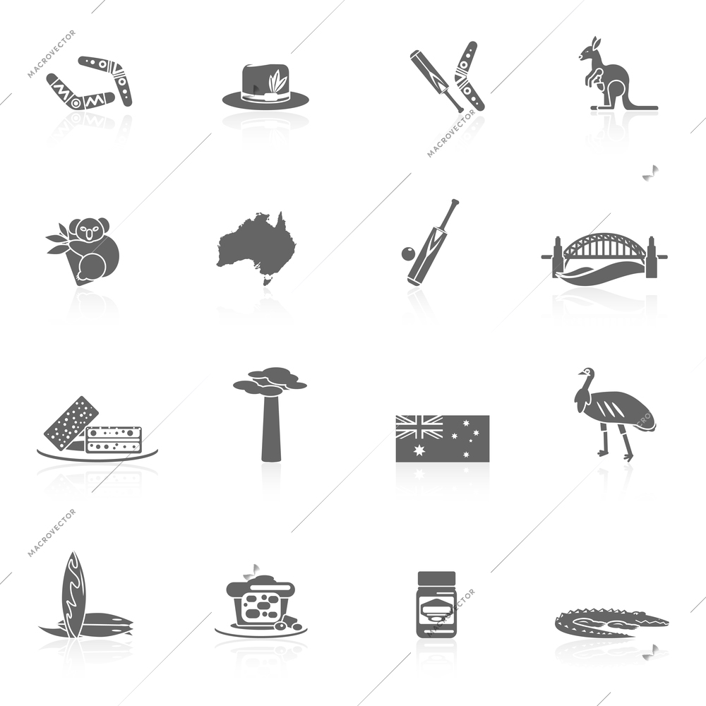 Australia travel icons black set with sydney opera house boomerang kangaroo isolated vector illustration