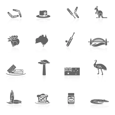 Australia travel icons black set with sydney opera house boomerang kangaroo isolated vector illustration