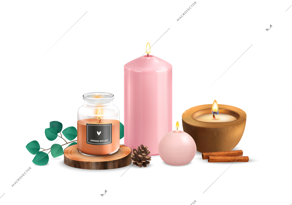 Realistic burning handmade aroma candles with pine cone cinnamon sticks green leaves for home decoration vector illustration